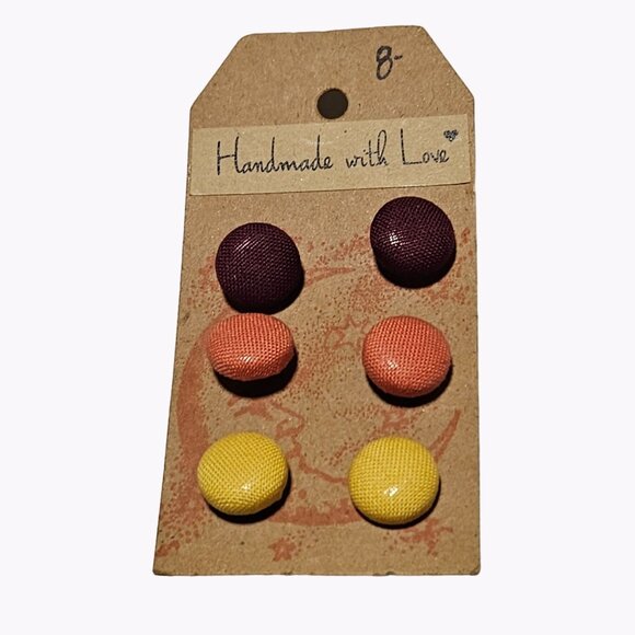 Handmade with Love Button Earrings Waffle Weave Fabric Texture Post 3 Pairs Stud - Picture 1 of 3